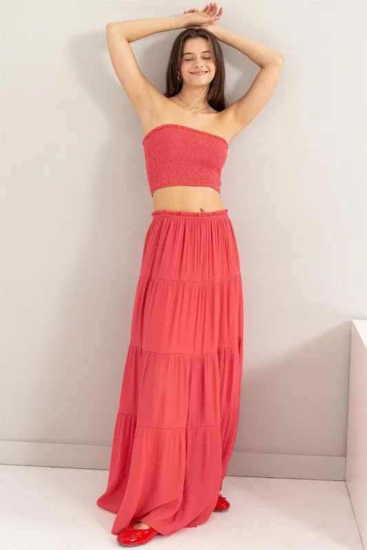 D.Coral Tube Top And Tiered Maxi Skirt Set
