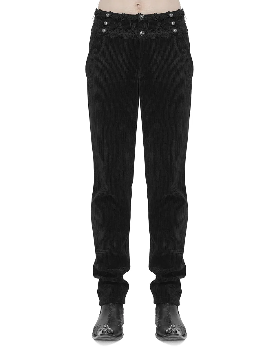Devil Fashion Mens Regency Gothic Embellished Corduroy Dress Pants - Black