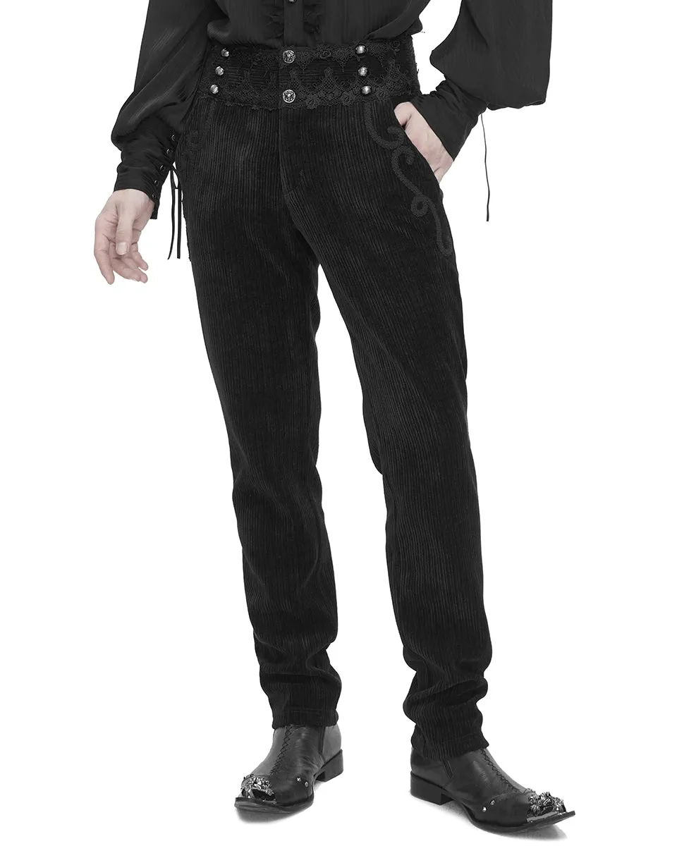 Devil Fashion Mens Regency Gothic Embellished Corduroy Dress Pants - Black