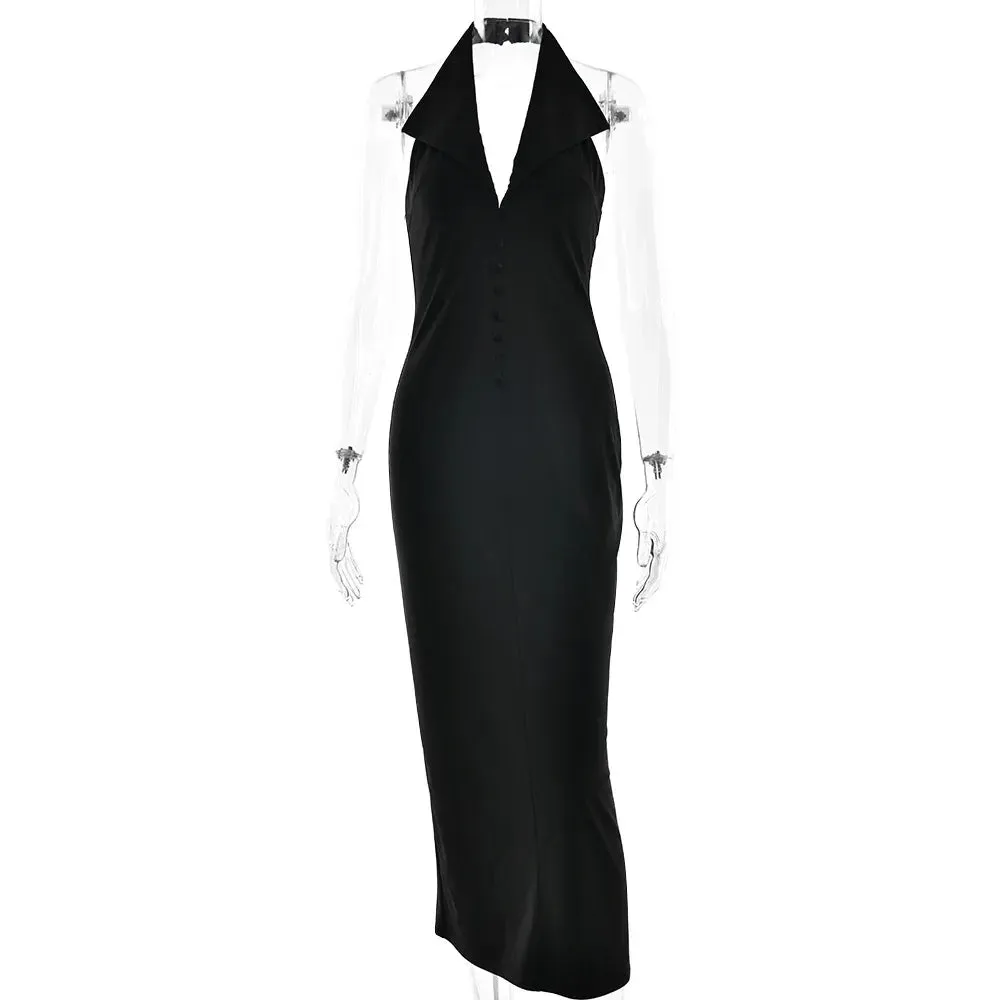Girlary Halter V Neck Backless Split Dress Women's Fashion Bodycon Sleeveless Sexy Long Dress Autumn New Slinky Waist Vest Dress