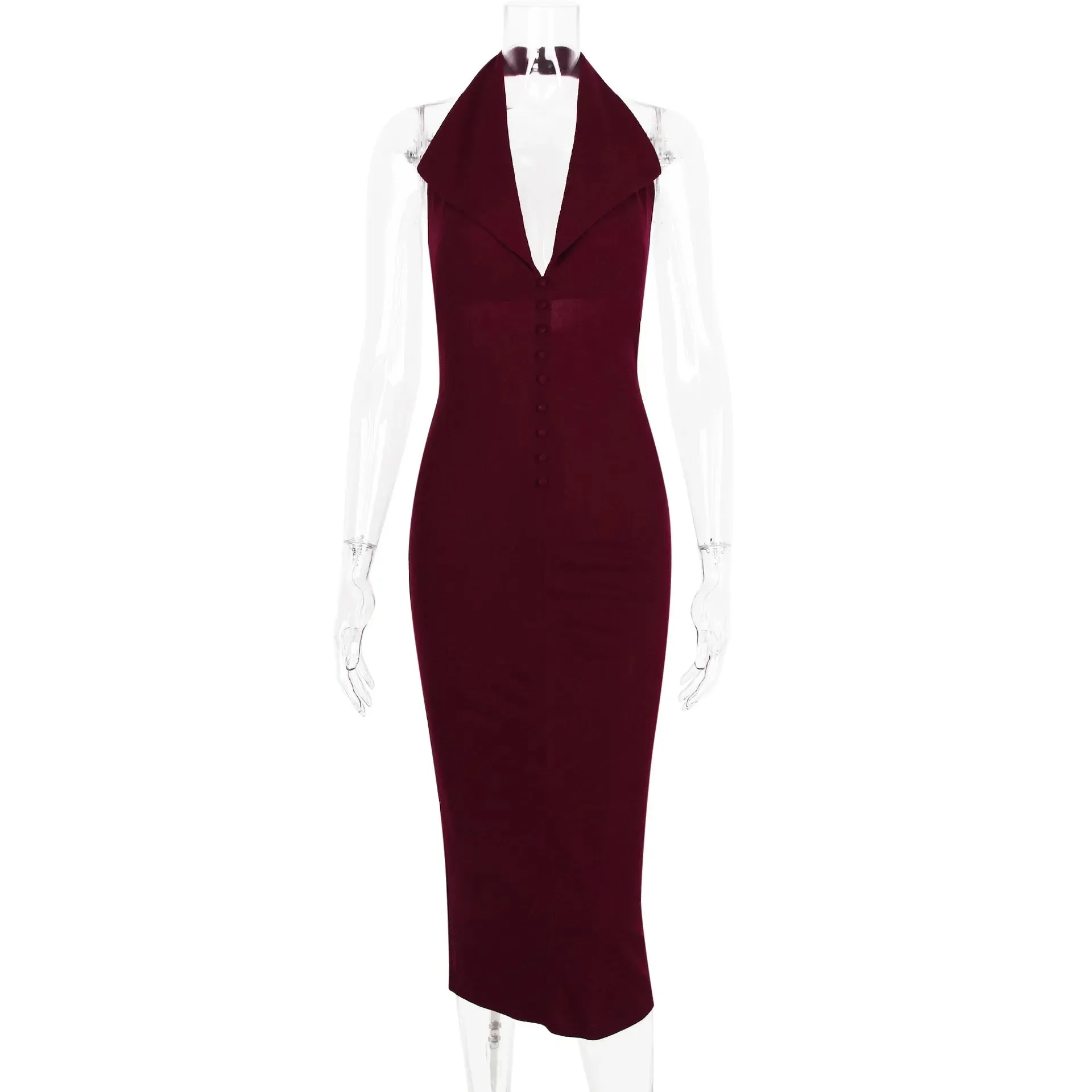 Girlary Halter V Neck Backless Split Dress Women's Fashion Bodycon Sleeveless Sexy Long Dress Autumn New Slinky Waist Vest Dress