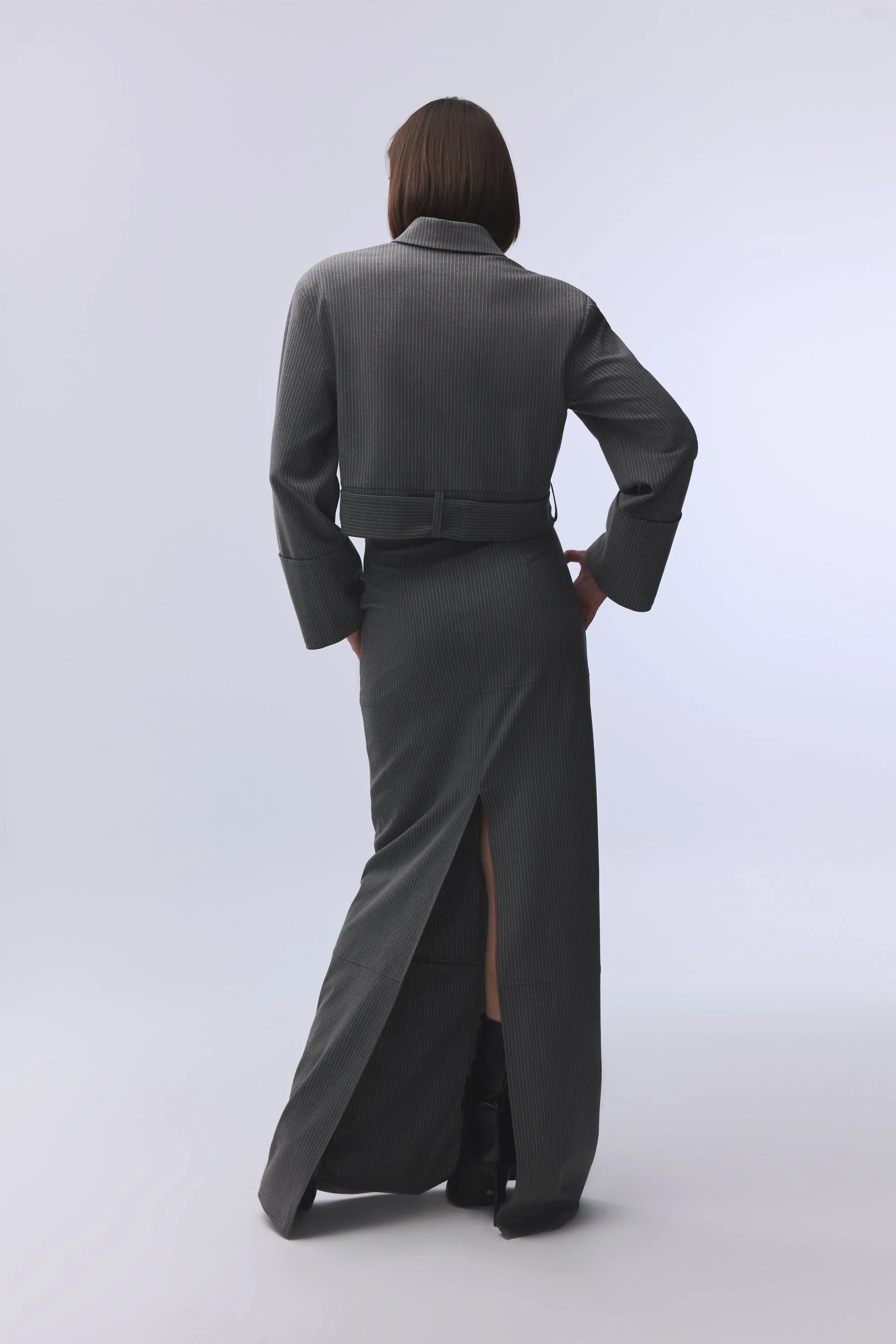 GREY STRIPED MAXI SKIRT WITH SLIT DETAIL