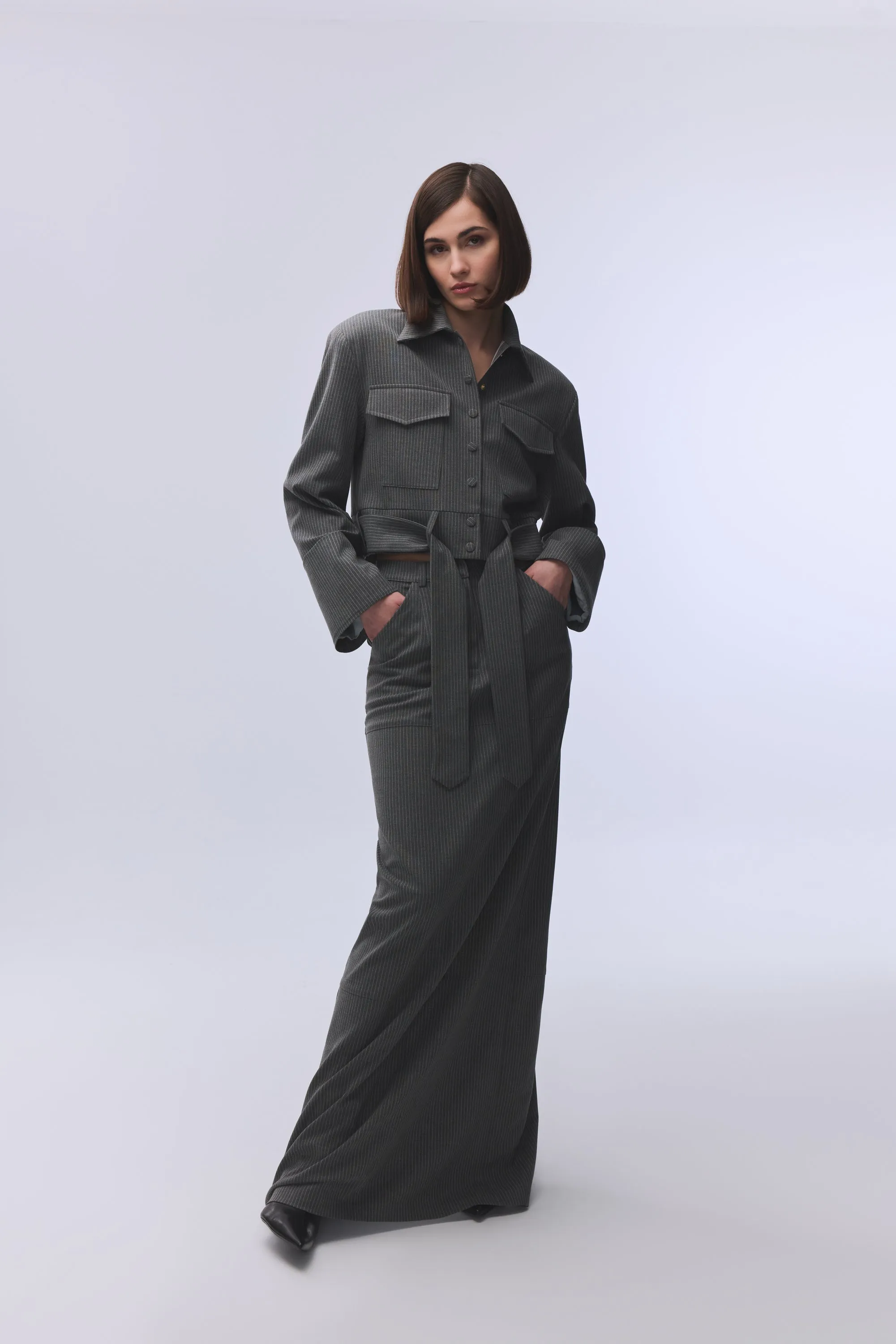 GREY STRIPED MAXI SKIRT WITH SLIT DETAIL