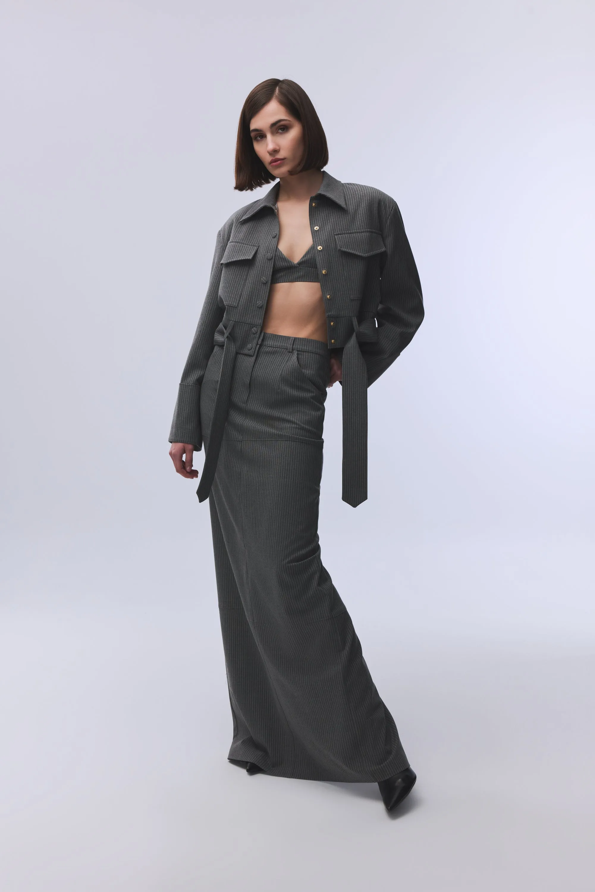 GREY STRIPED MAXI SKIRT WITH SLIT DETAIL