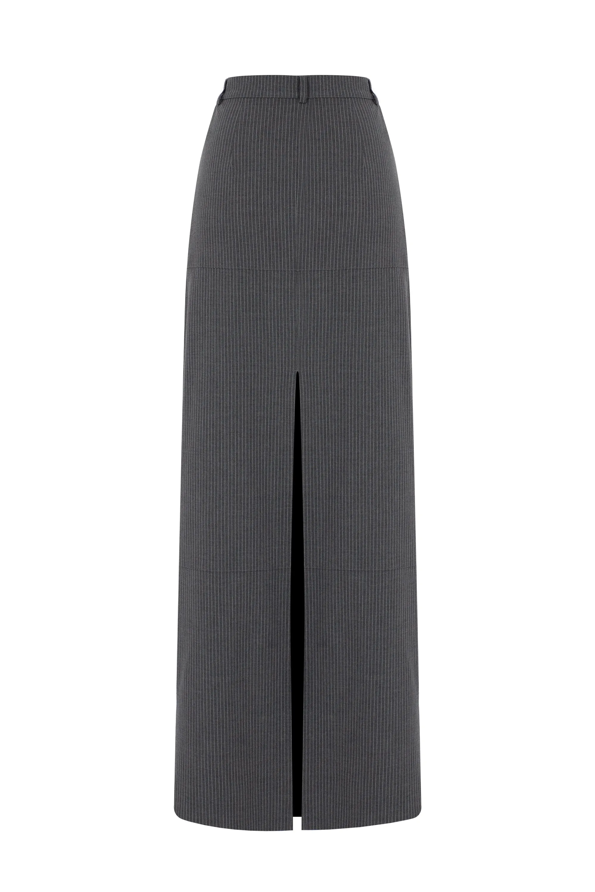 GREY STRIPED MAXI SKIRT WITH SLIT DETAIL