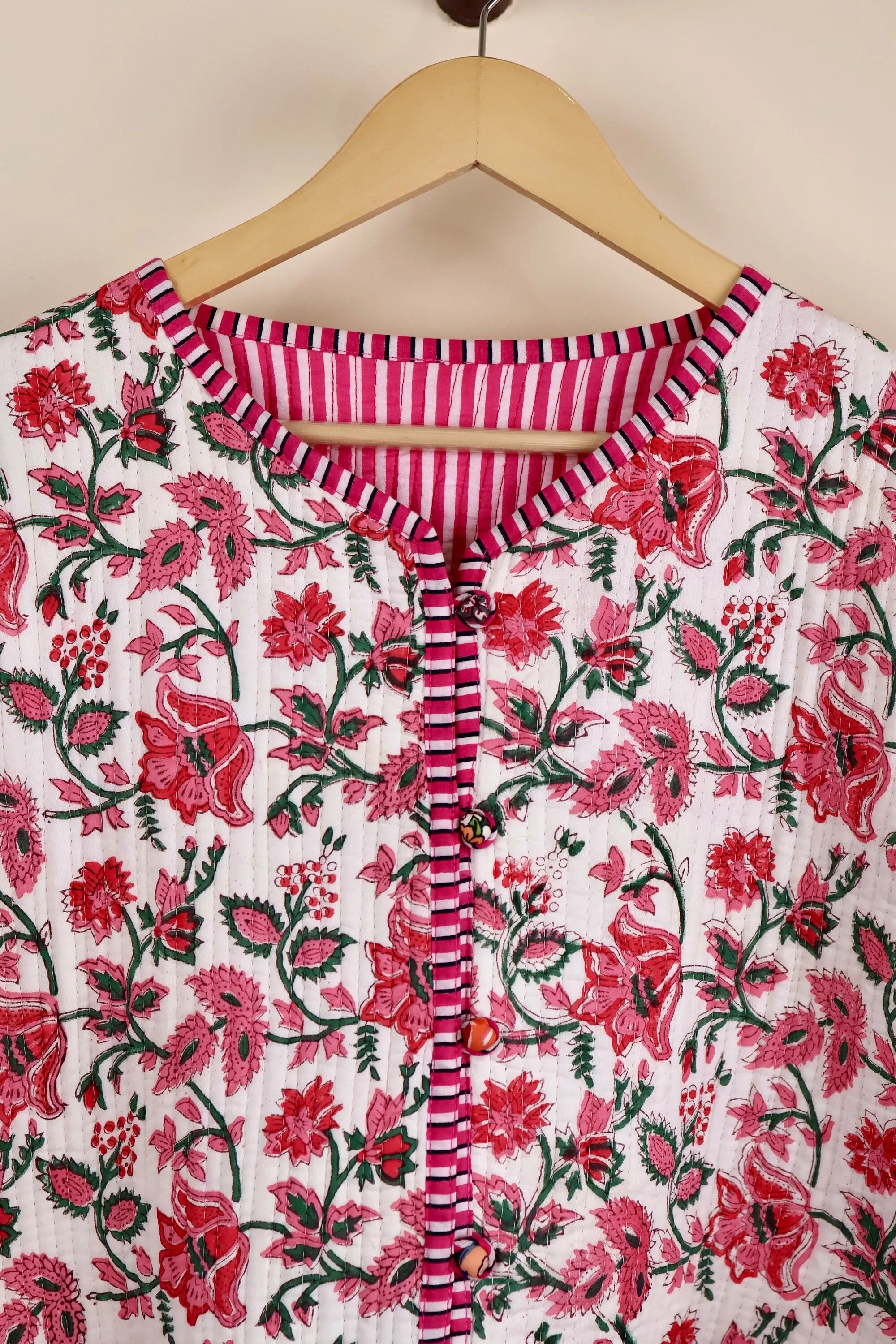 HandBlock Printed Quilted Cotton Jackets | White & Pink Floral Women's Coat | Reversible Bohemian Style Indian Handmade Quilted Jackets