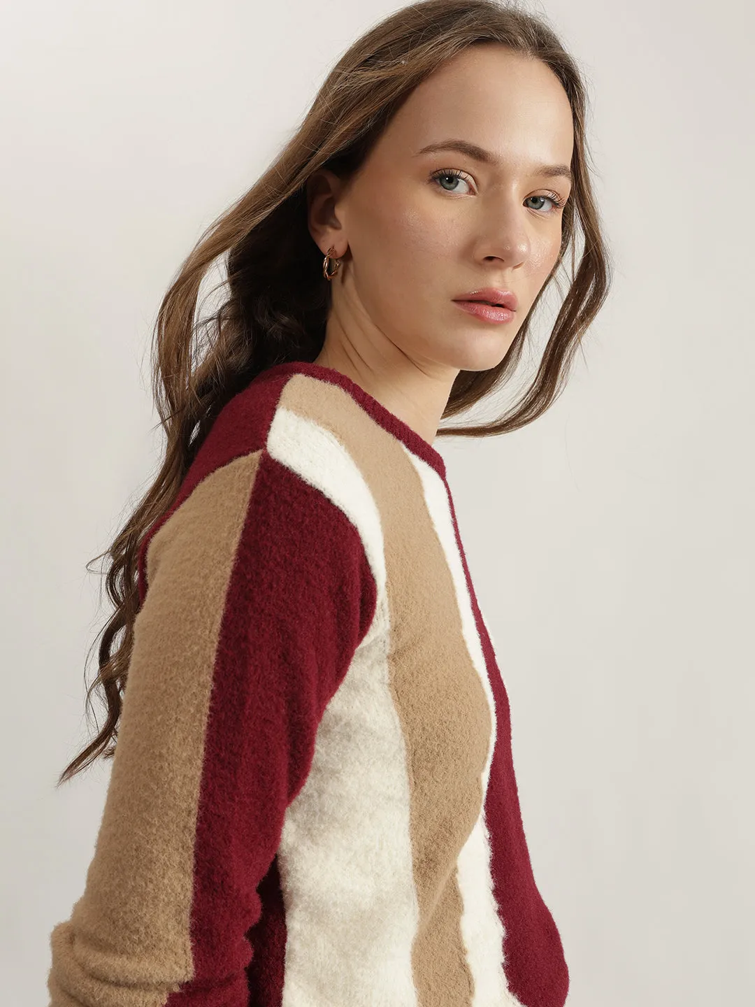 Iconic Women Multi Color-Blocked Round Neck Full Sleeves Pullover Style Sweater