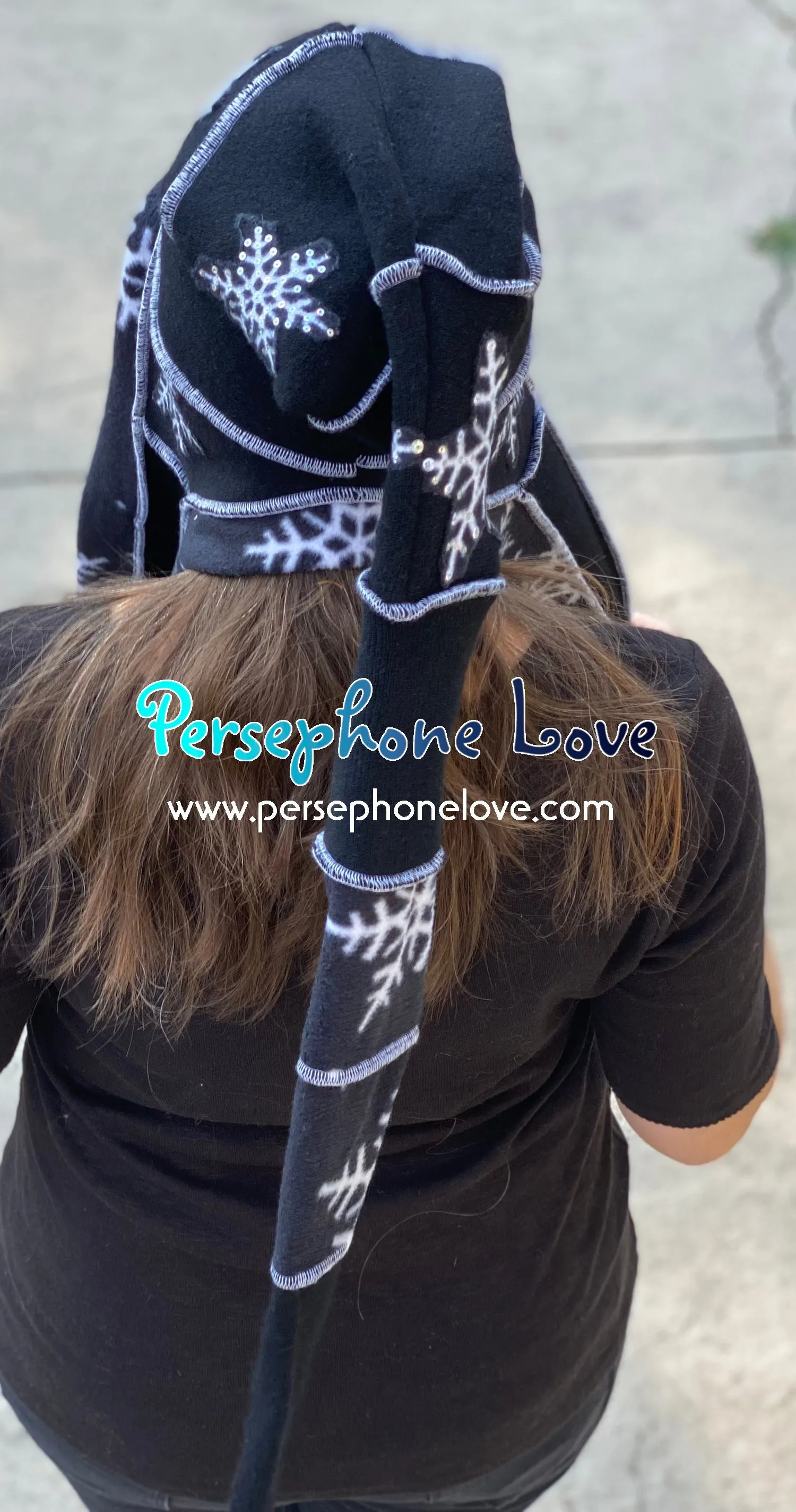 Katwise inspired black white snowflake felted 100% cashmere/fleece sequin recycled sweater elf hat-1439