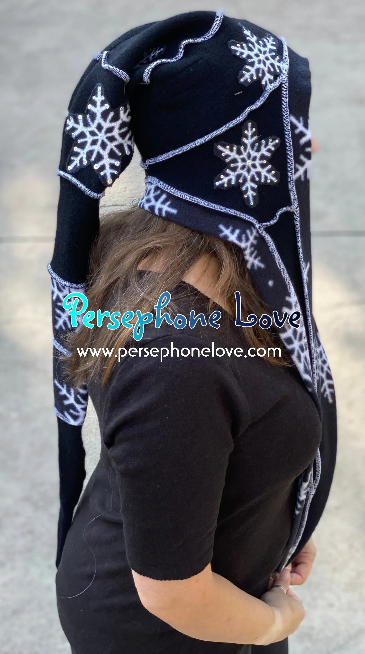 Katwise inspired black white snowflake felted 100% cashmere/fleece sequin recycled sweater elf hat-1439