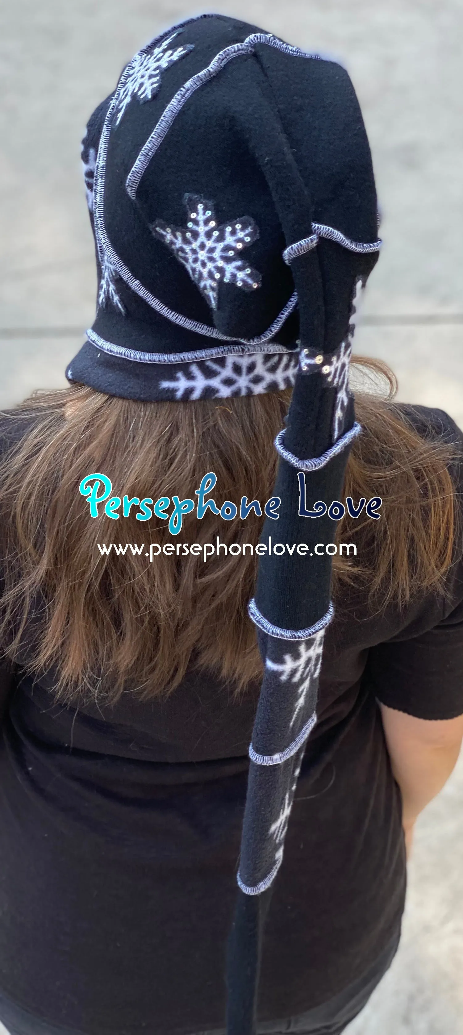 Katwise inspired black white snowflake felted 100% cashmere/fleece sequin recycled sweater elf hat-1439