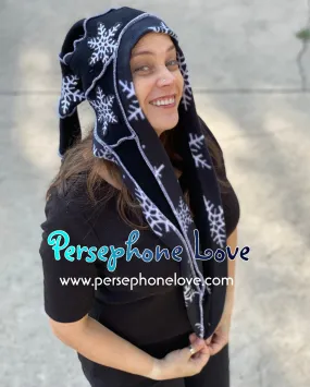Katwise inspired black white snowflake felted 100% cashmere/fleece sequin recycled sweater elf hat-1439