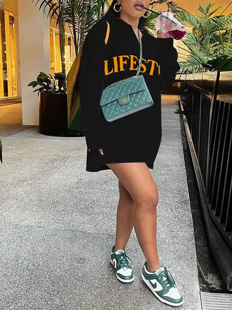 Letter Printed Graceful Turndown Collar Jumpsuit