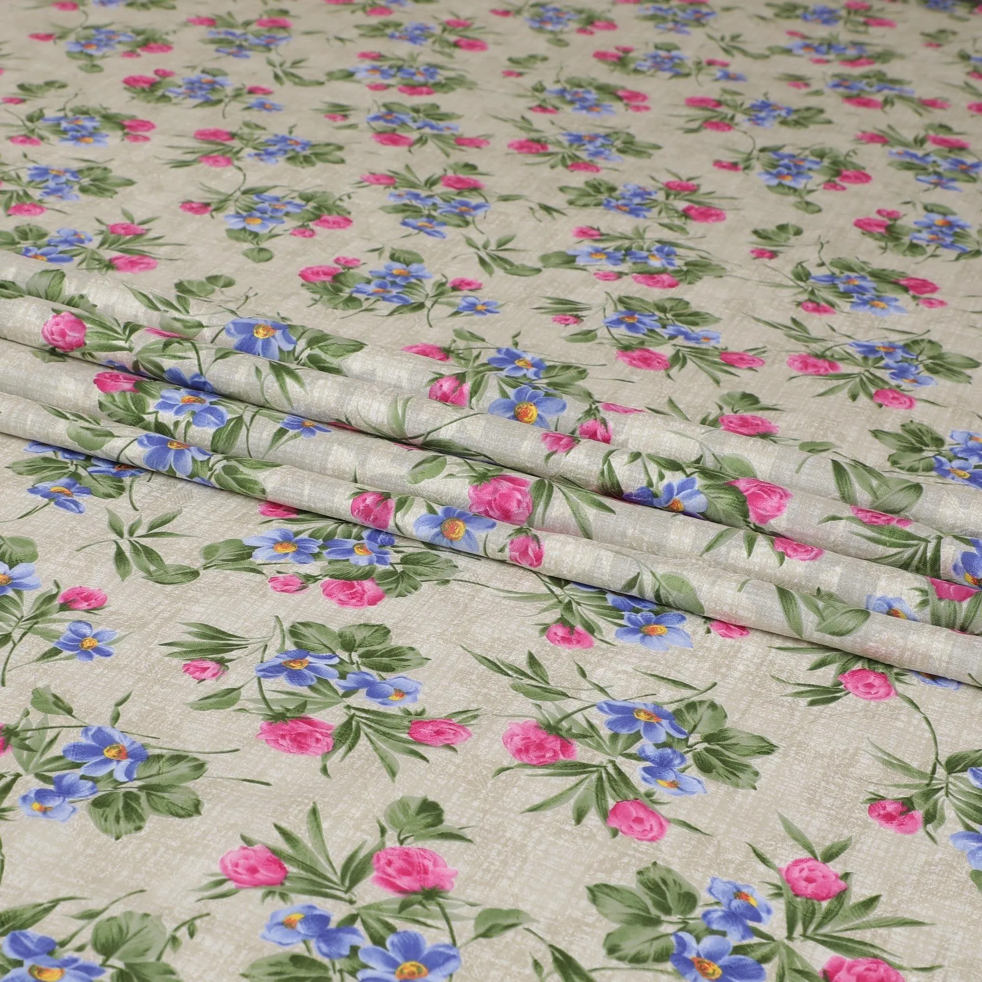 Light beige cotton voile fabric with same tone jacquard having olive green, blue and hot pink print in floral design-D6309