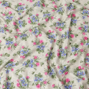 Light beige cotton voile fabric with same tone jacquard having olive green, blue and hot pink print in floral design-D6309