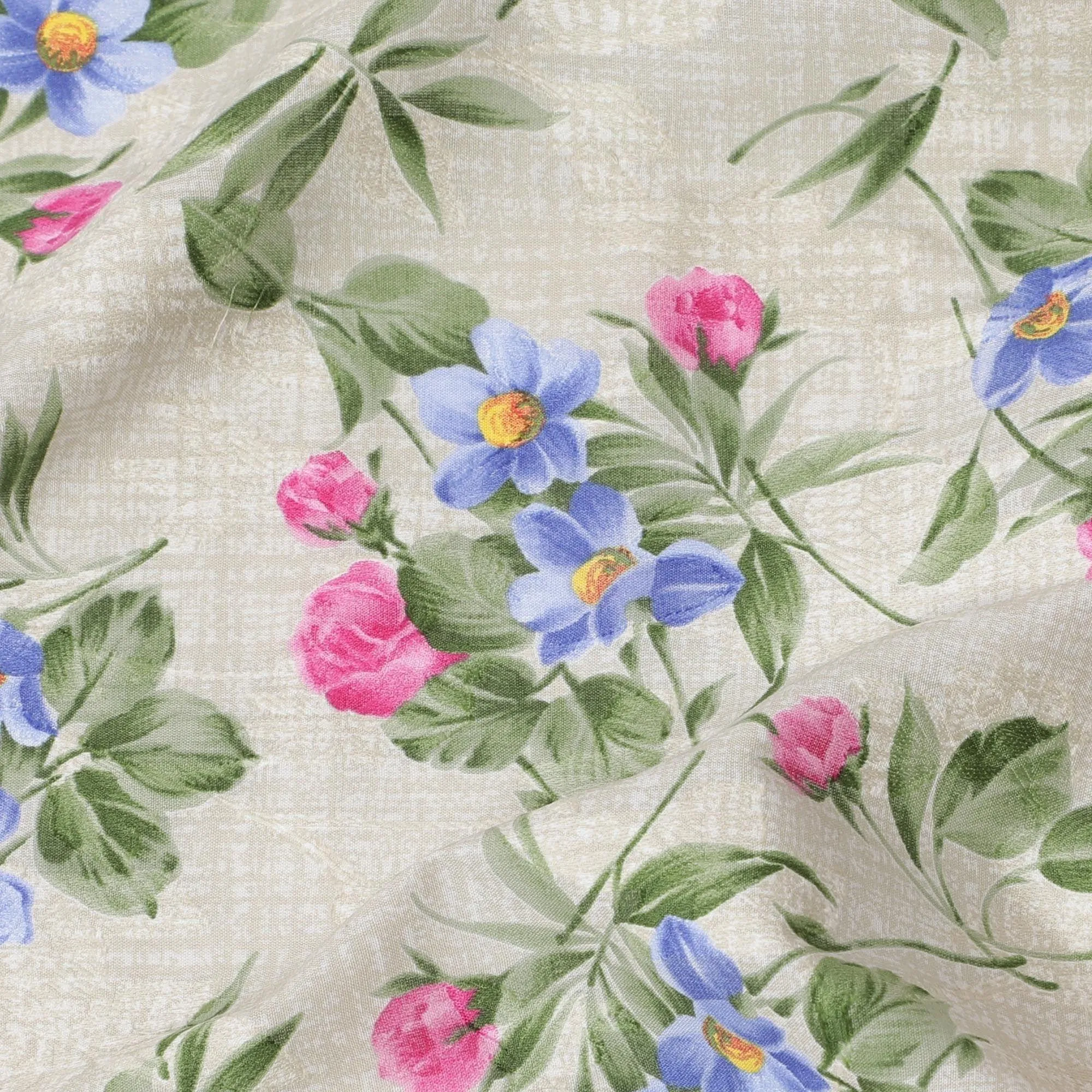 Light beige cotton voile fabric with same tone jacquard having olive green, blue and hot pink print in floral design-D6309