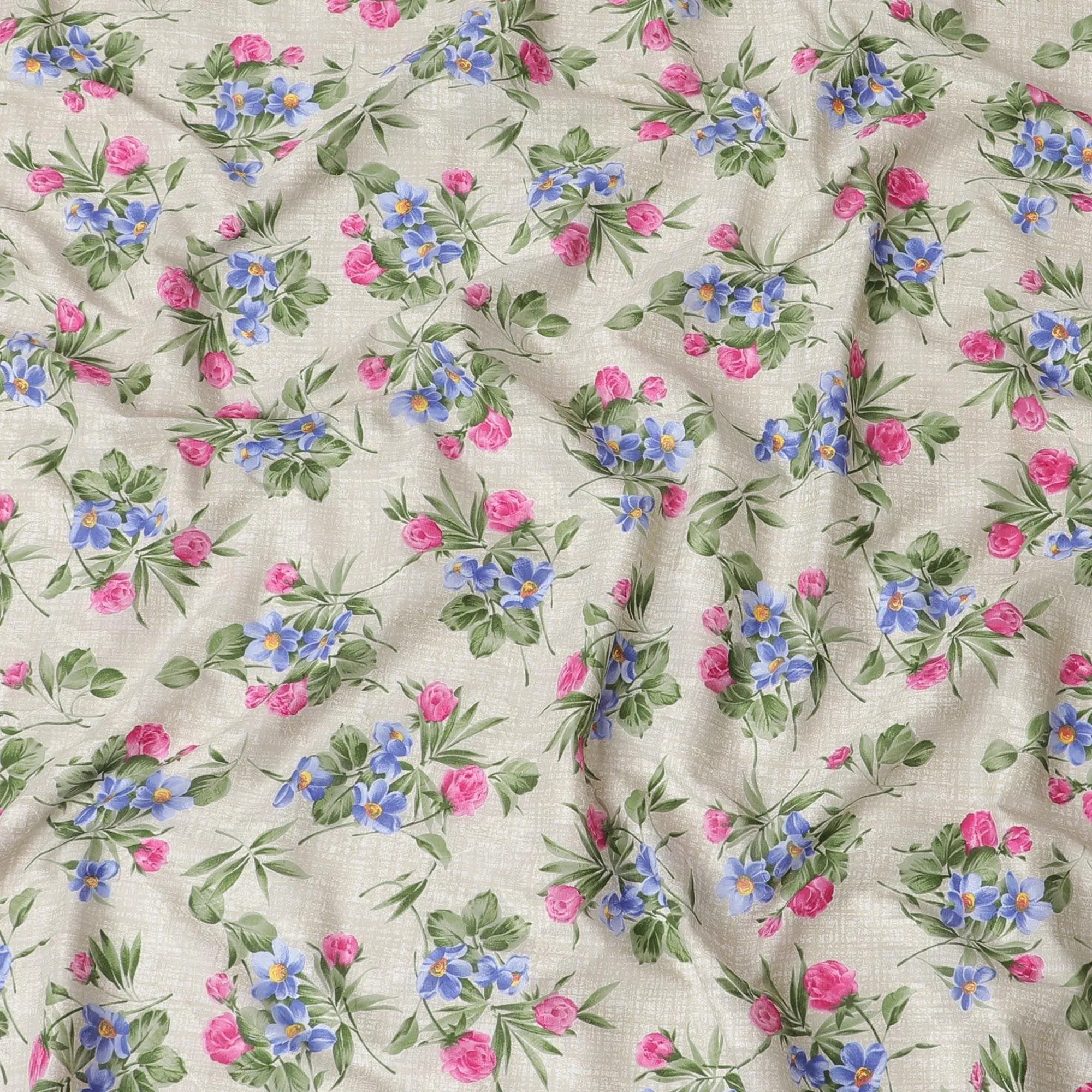 Light beige cotton voile fabric with same tone jacquard having olive green, blue and hot pink print in floral design-D6309