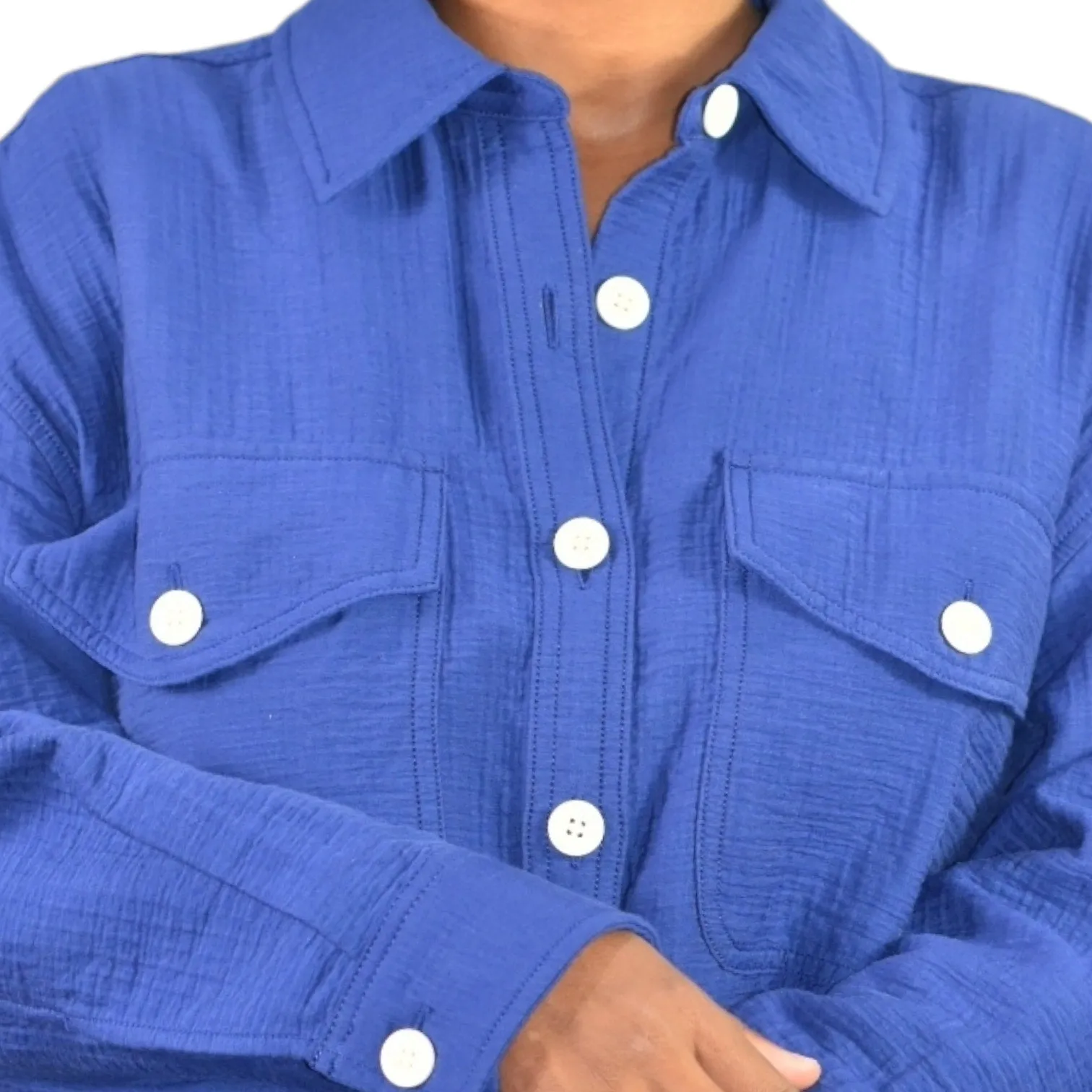 Madewell Super Oversized Shirt Jacket Blue Shacket Boxy Cuffs Pockets Textured Crinkled Size Small