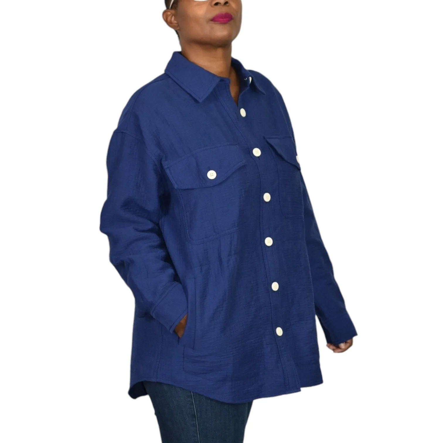 Madewell Super Oversized Shirt Jacket Blue Shacket Boxy Cuffs Pockets Textured Crinkled Size Small
