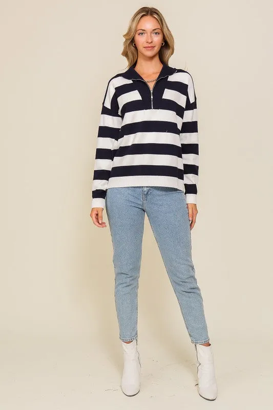 Navy Polo half zip up striped sweater top