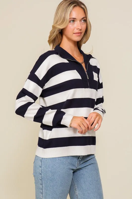 Navy Polo half zip up striped sweater top