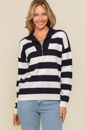 Navy Polo half zip up striped sweater top