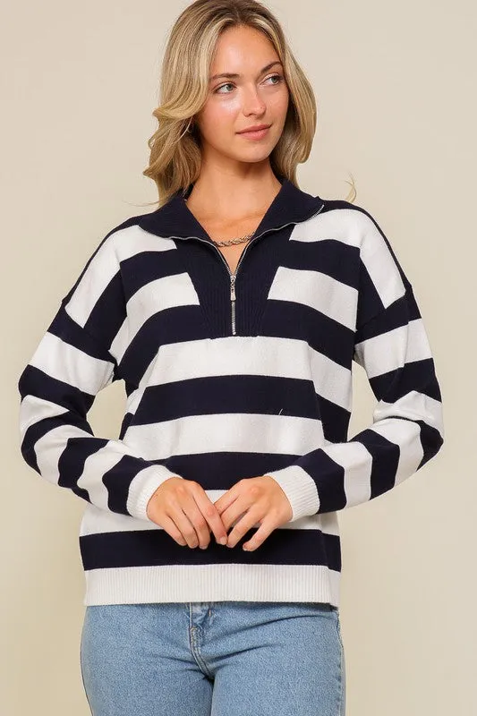 Navy Polo half zip up striped sweater top