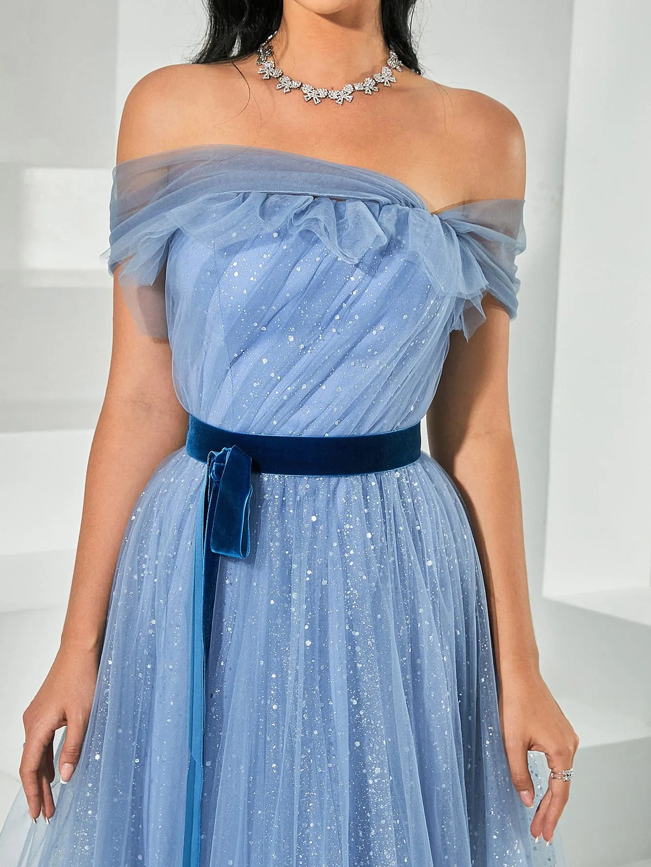 Off Shoulder Tulle Maxi Prom Dress RY40049