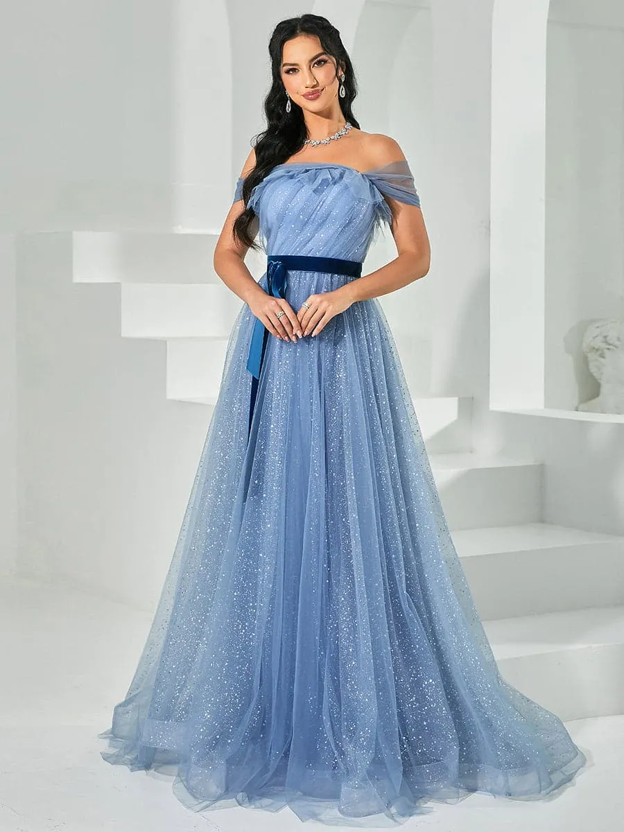 Off Shoulder Tulle Maxi Prom Dress RY40049