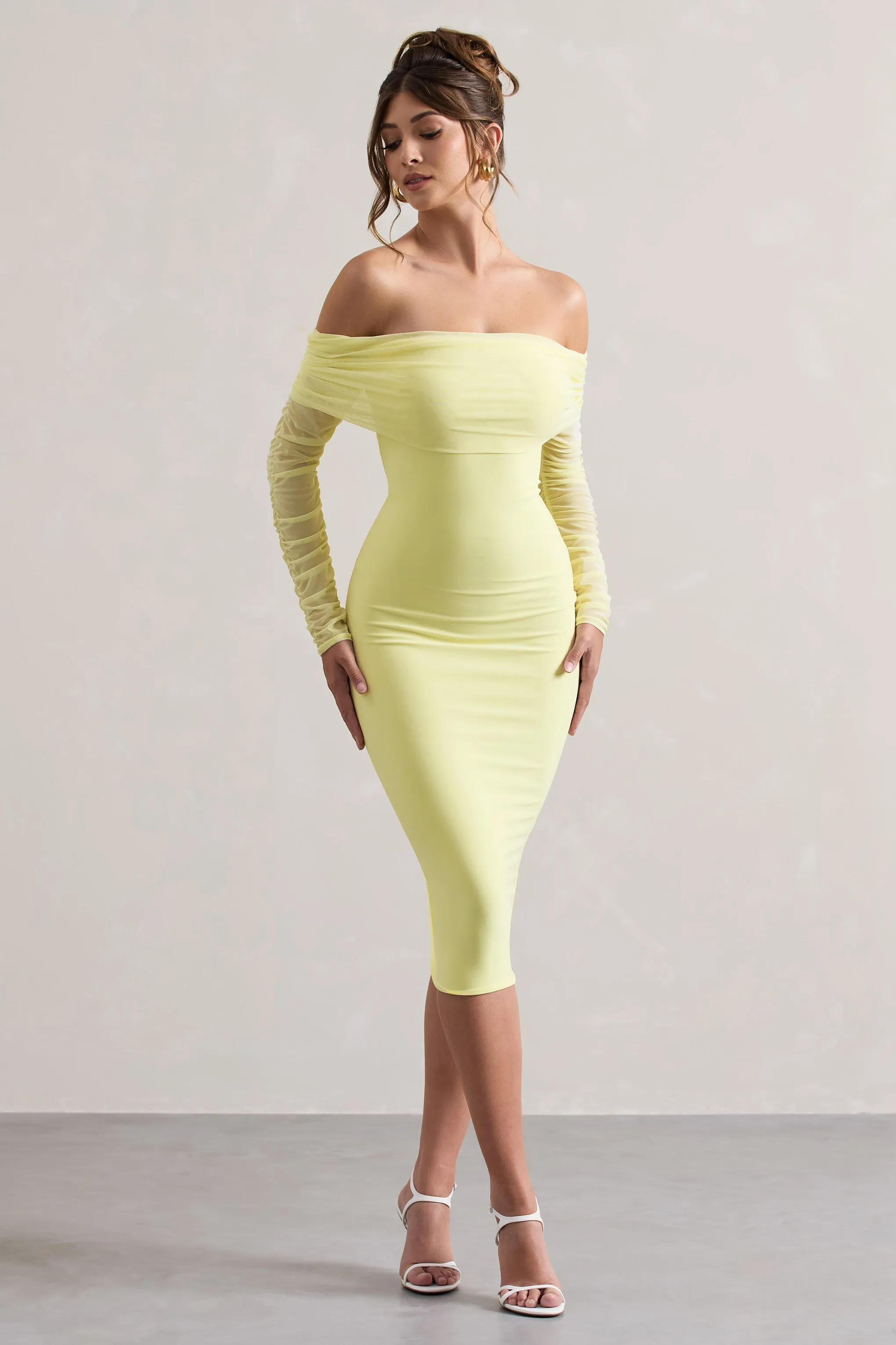 Only You | Lemon Ruched Mesh Bardot Midi Dress