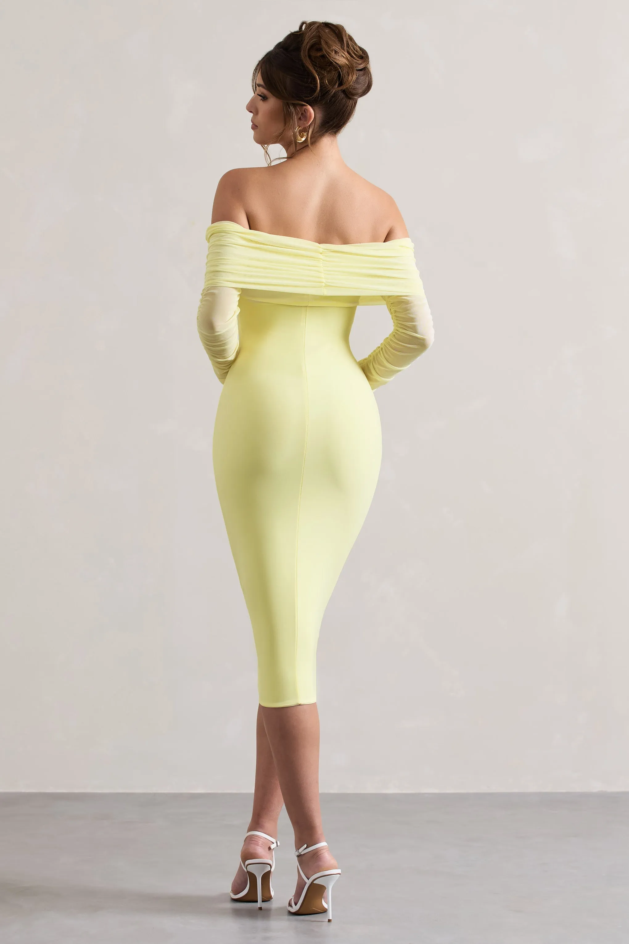 Only You | Lemon Ruched Mesh Bardot Midi Dress