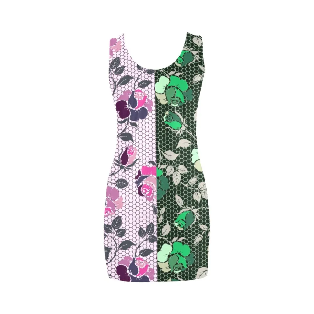 pink green rose print 4 Medea Vest Dress (Model D06)