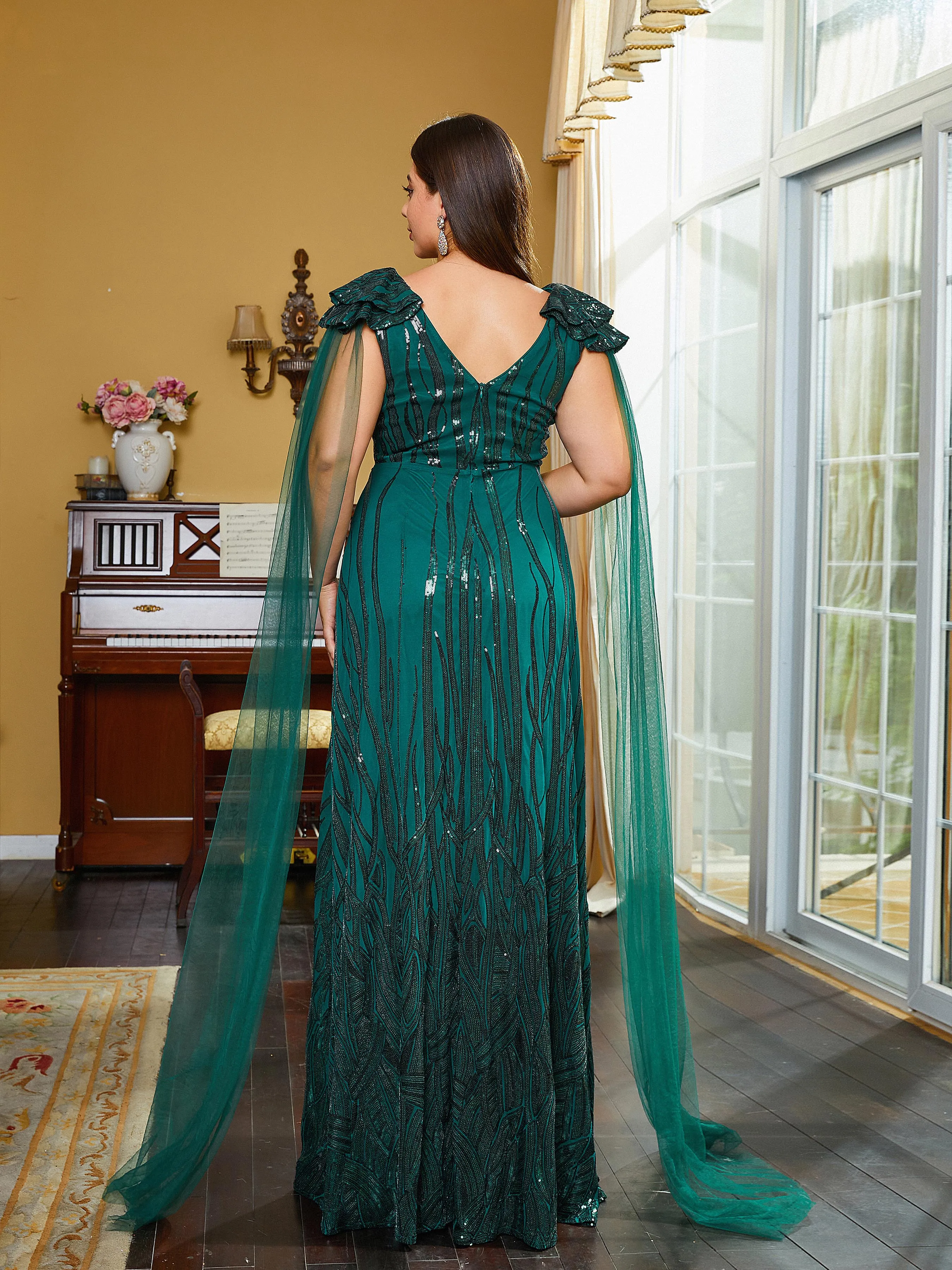 Plus Size V-Neck Backless Ribbon A-line Evening Dress PJMT1086