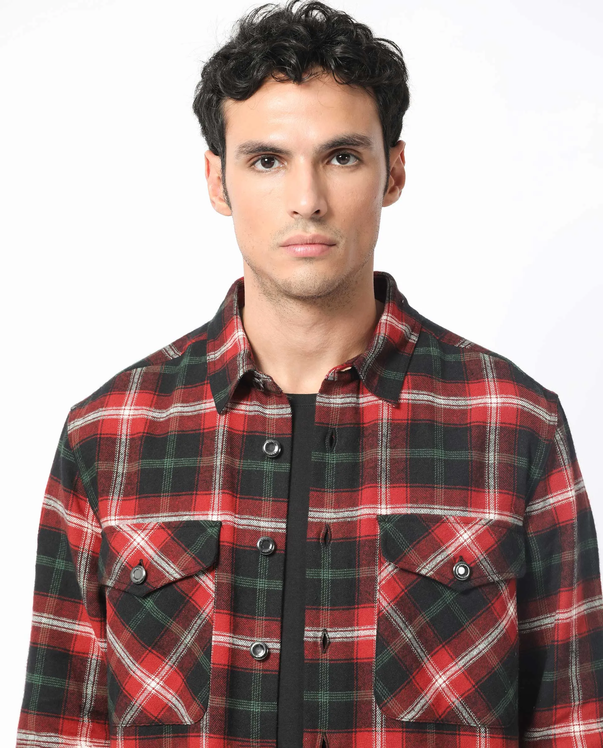 Rare Rabbit Men's Bardot Dark Red Cotton Fabric Full Sleeve Button Closure Twill Checks Shacket