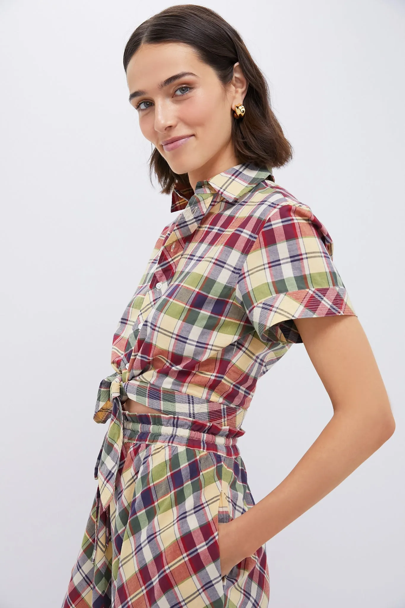 Red Yellow Green Multi Madras Button Front Shirt
