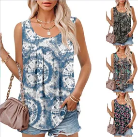 Round Neck Sleeveless Loose Pleated Printed Tanks