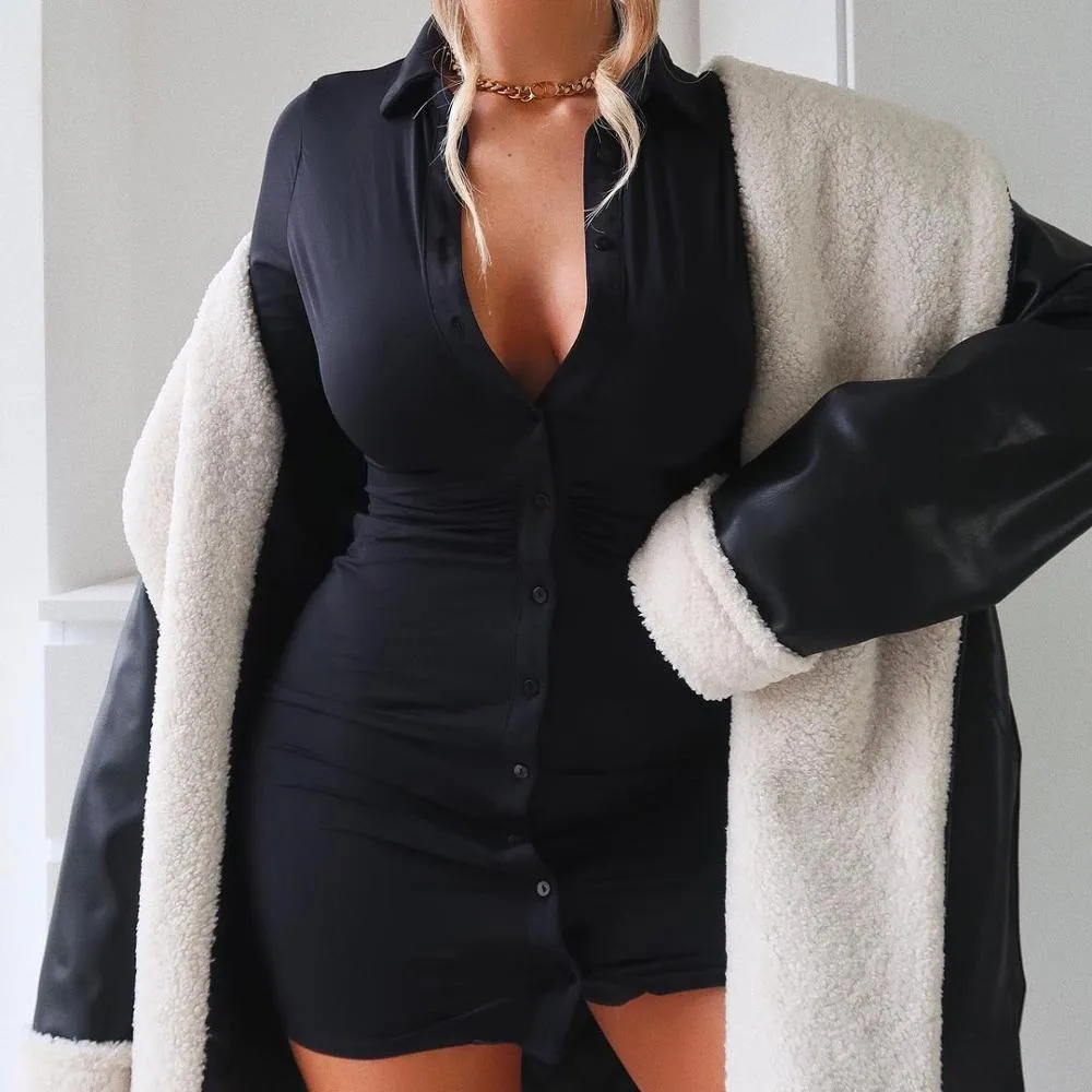  Ruched Black Women's Shirt Dress 