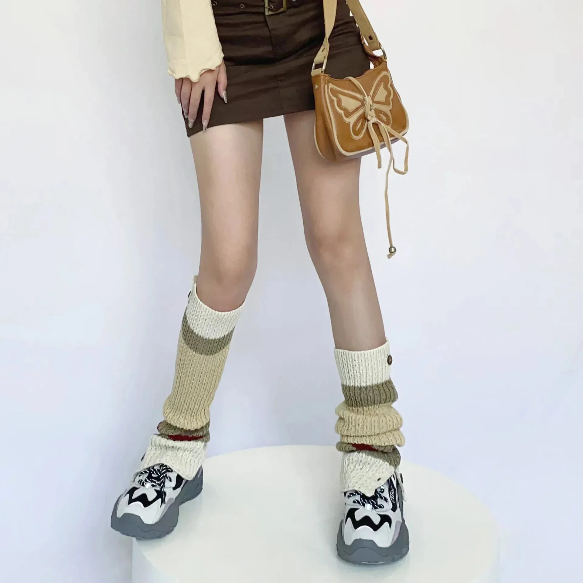 Sohiwoo New Retro Leg Warmers Winter Button Opening American Y2K Harajuku Hot Girl Japanese Contrast Color Pile Knitted Wool Long Socks