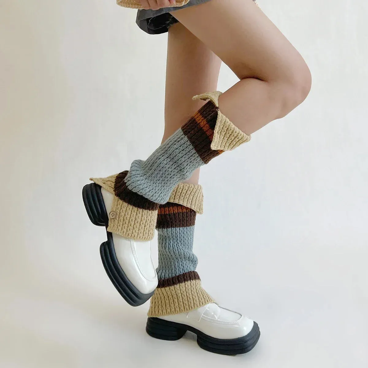 Sohiwoo New Retro Leg Warmers Winter Button Opening American Y2K Harajuku Hot Girl Japanese Contrast Color Pile Knitted Wool Long Socks