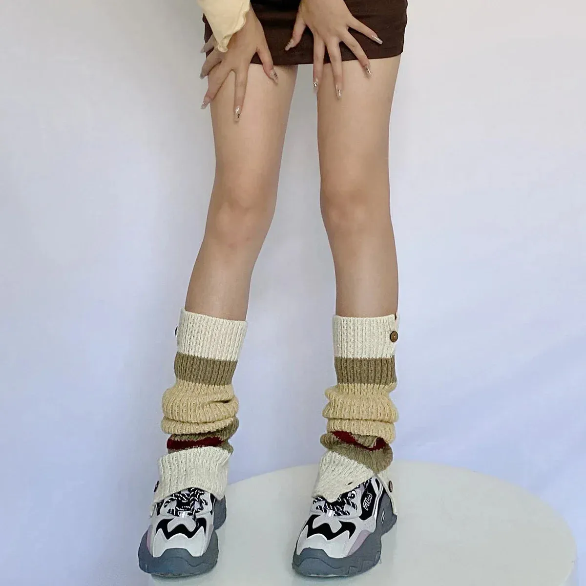 Sohiwoo New Retro Leg Warmers Winter Button Opening American Y2K Harajuku Hot Girl Japanese Contrast Color Pile Knitted Wool Long Socks