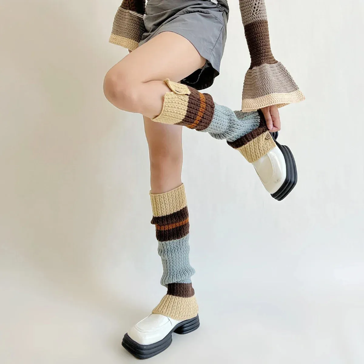Sohiwoo New Retro Leg Warmers Winter Button Opening American Y2K Harajuku Hot Girl Japanese Contrast Color Pile Knitted Wool Long Socks