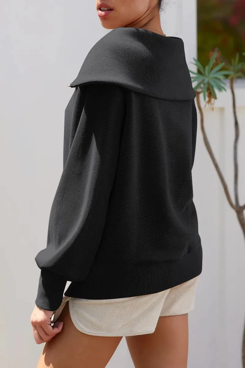 Street Solid Zipper Turndown Collar Tops