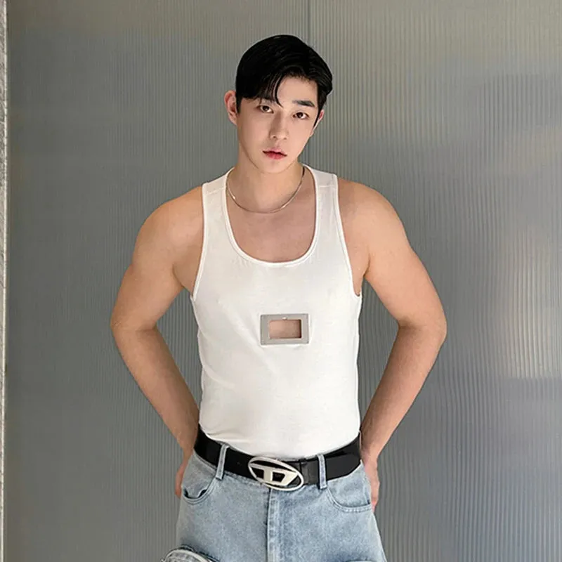 Summer Sexy Style Men's Vest Metal Hollow Round Neck Pullover Tank Top Male Stylish Menwear Niche Design 9C5993