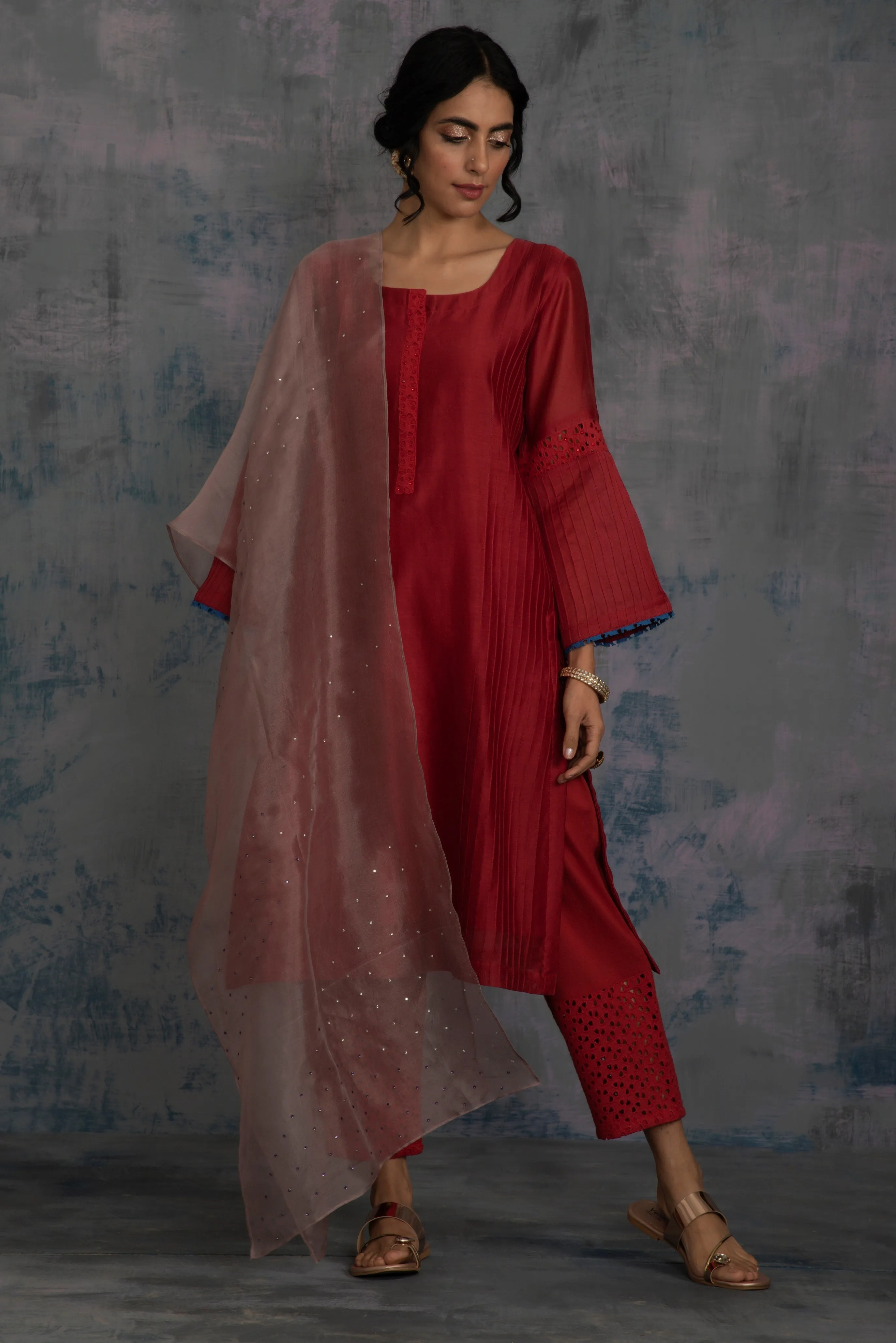 Swarovski Scarlet Red Flared Sleeves Kurta Set (3 dupatta options) - Set of 3