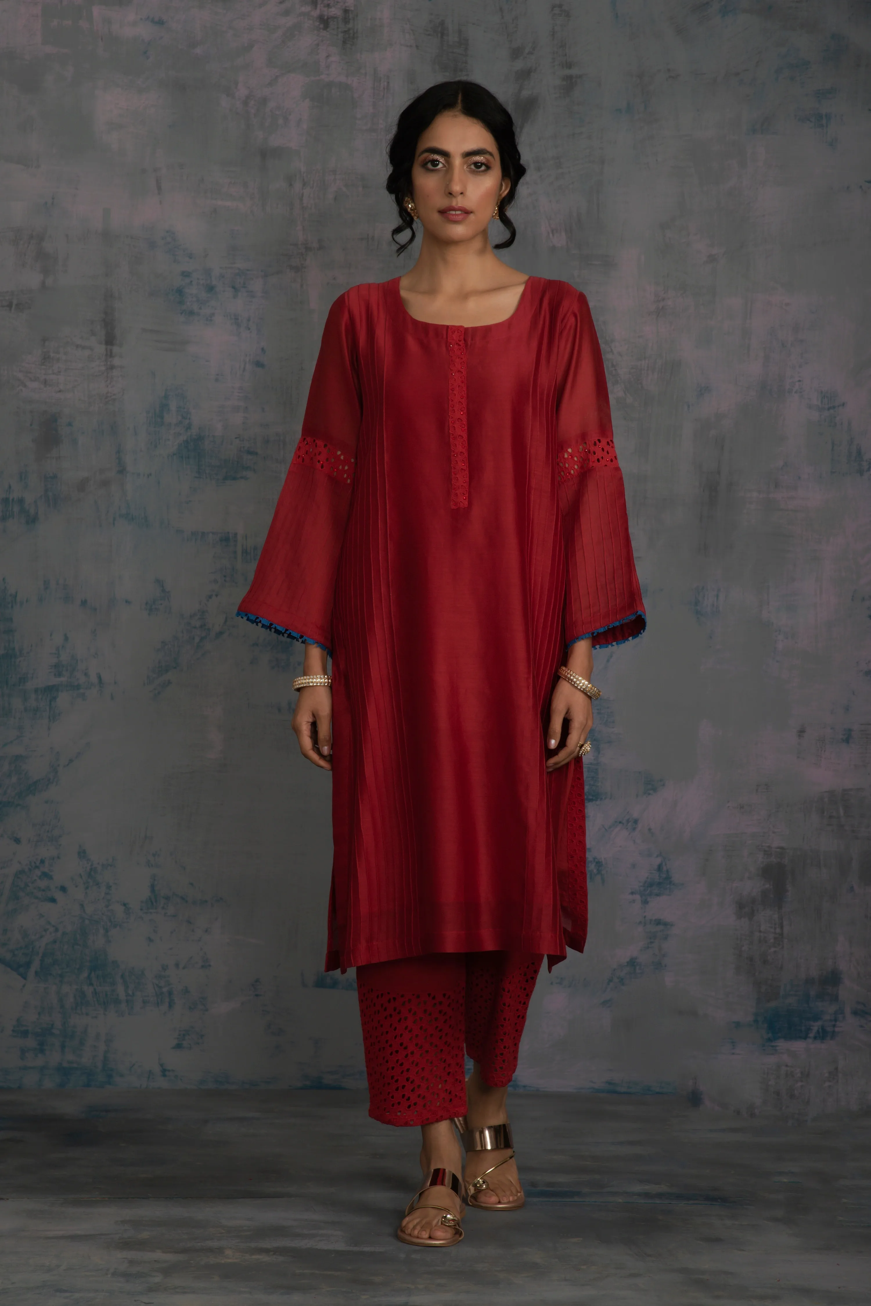 Swarovski Scarlet Red Flared Sleeves Kurta Set (3 dupatta options) - Set of 3