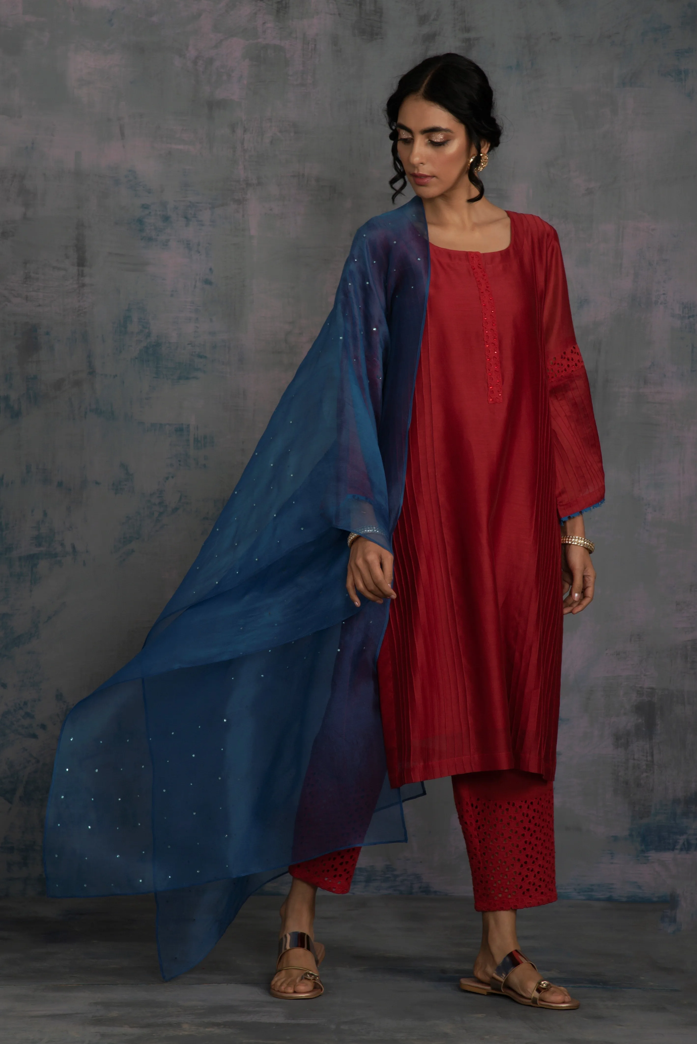 Swarovski Scarlet Red Flared Sleeves Kurta Set (3 dupatta options) - Set of 3