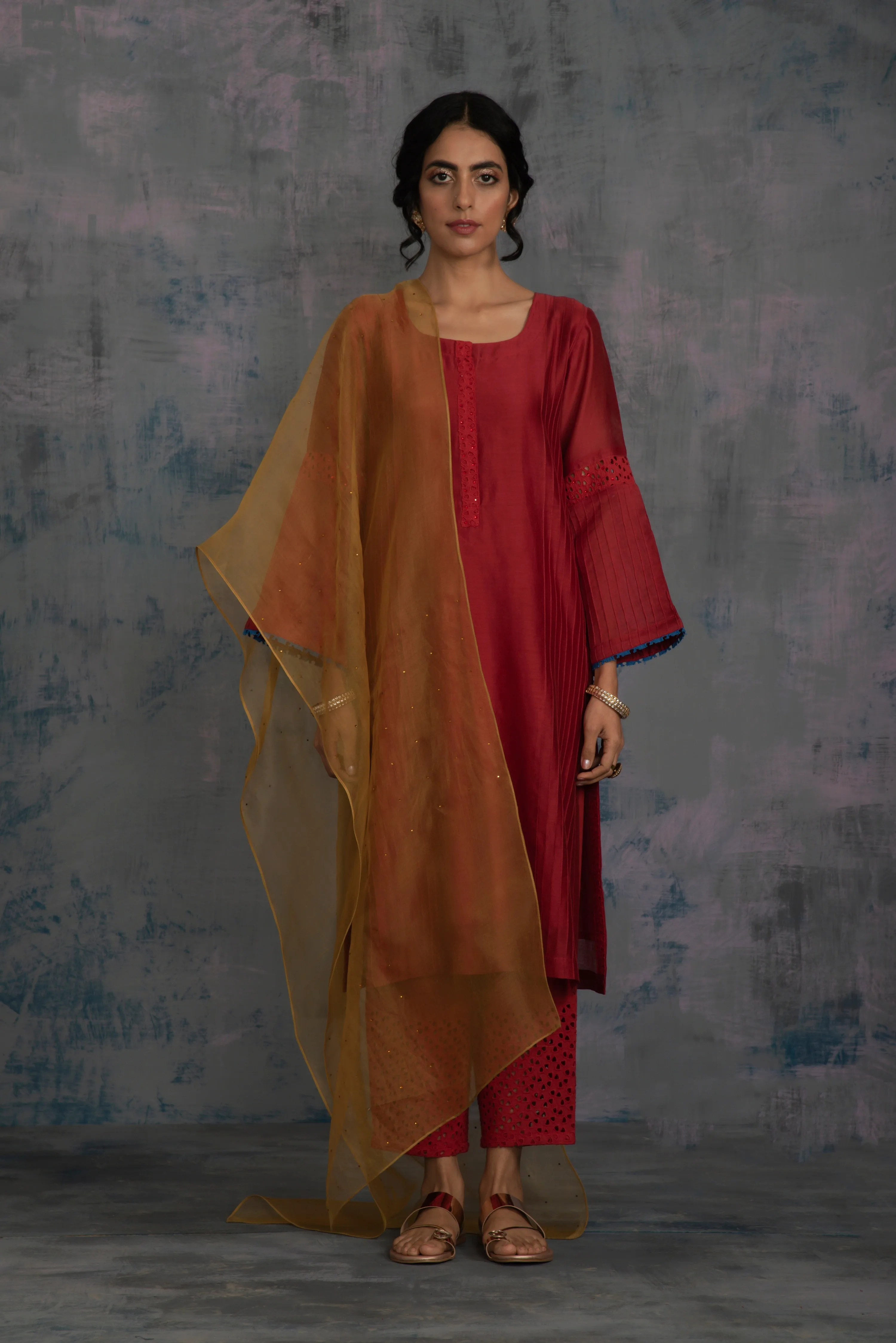 Swarovski Scarlet Red Flared Sleeves Kurta Set (3 dupatta options) - Set of 3