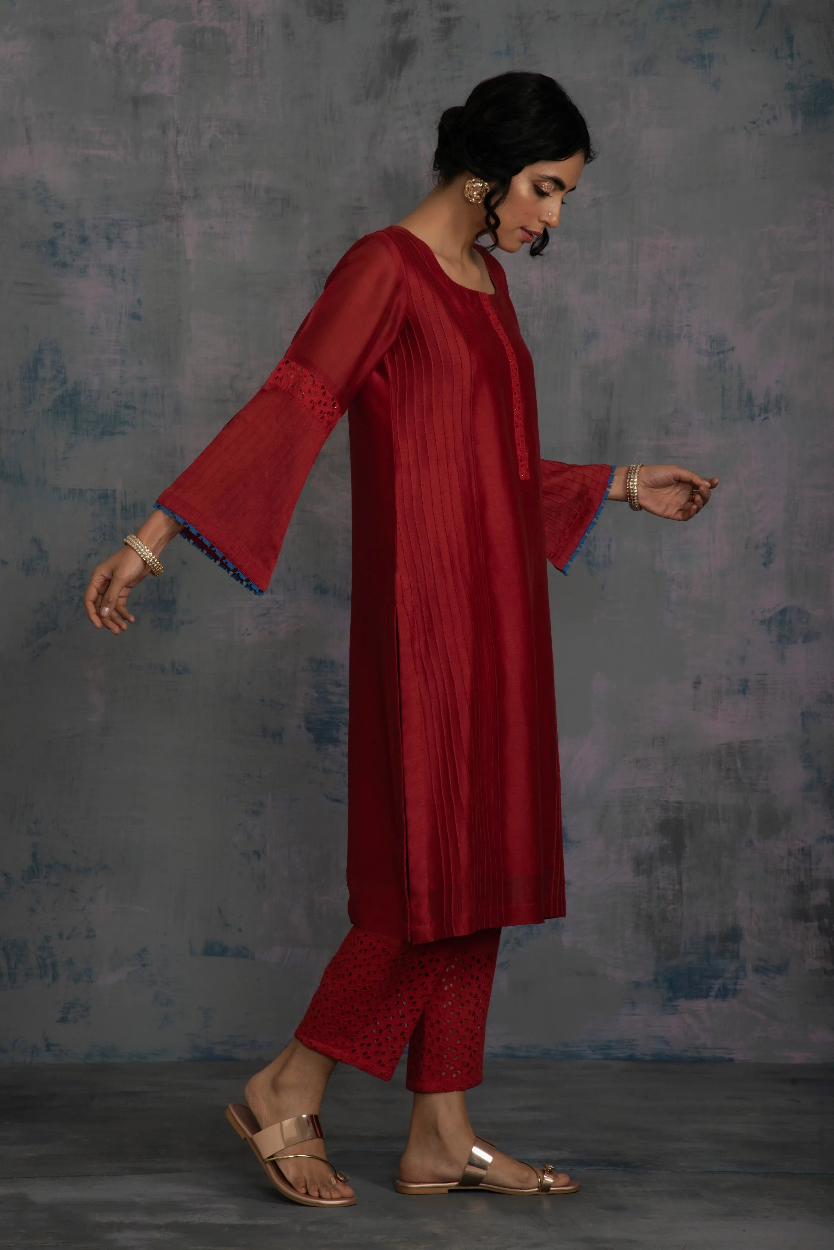 Swarovski Scarlet Red Flared Sleeves Kurta Set (3 dupatta options) - Set of 3