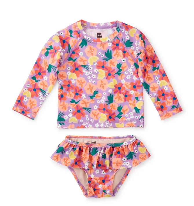 Tea Painted Squash and Hibiscus Long Sleeve One-Piece Swimsuit