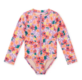 Tea Painted Squash and Hibiscus Long Sleeve One-Piece Swimsuit