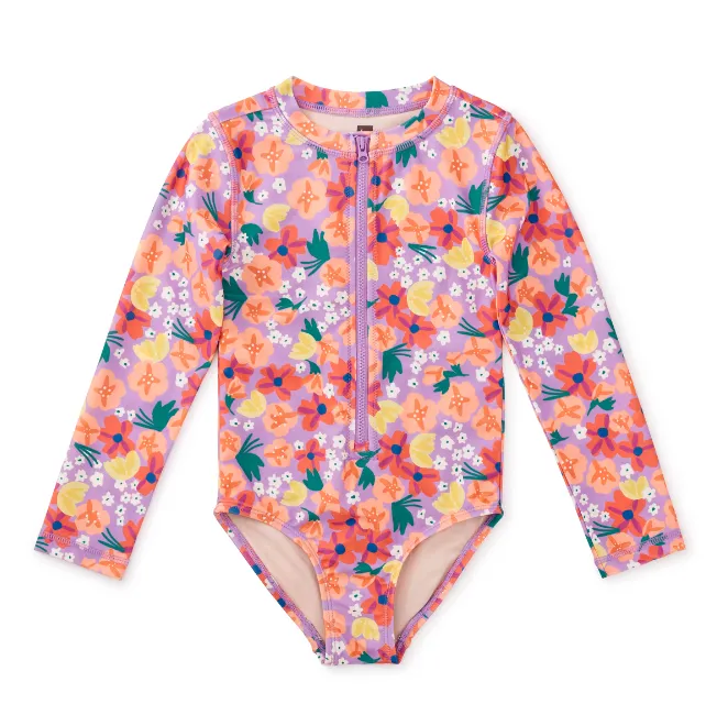 Tea Painted Squash and Hibiscus Long Sleeve One-Piece Swimsuit
